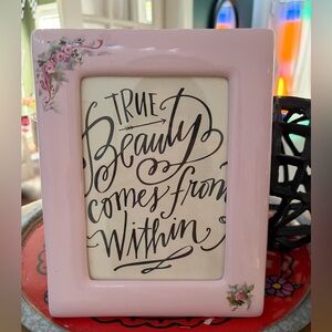 Vintage Pink floral picture frame w/ decorative calligraphy insert fits-5x7